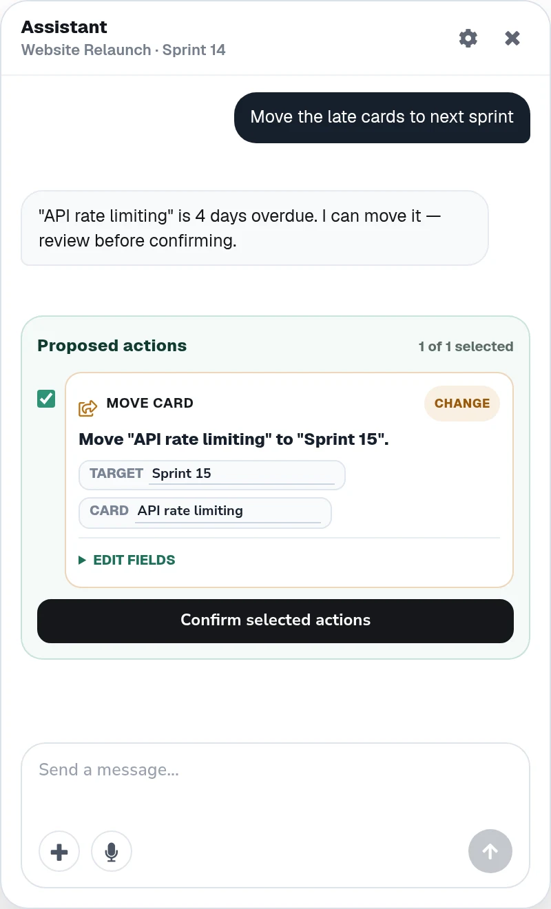 The PMAPP assistant panel: after a request to move late cards it shows a proposed Move card action with editable target and card fields, and a Confirm selected actions button, so nothing changes until it is approved.