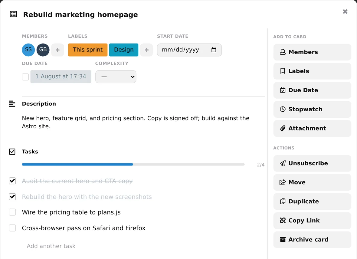 A PMAPP card detail view showing assigned members, This sprint and Design labels, a due date, a description, tasks and a comment box.