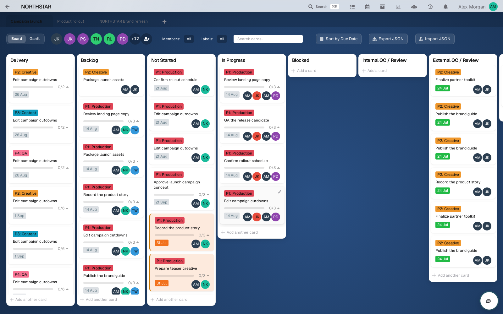 A real PMAPP board showing workflow columns, task cards, labels, owners, and due dates