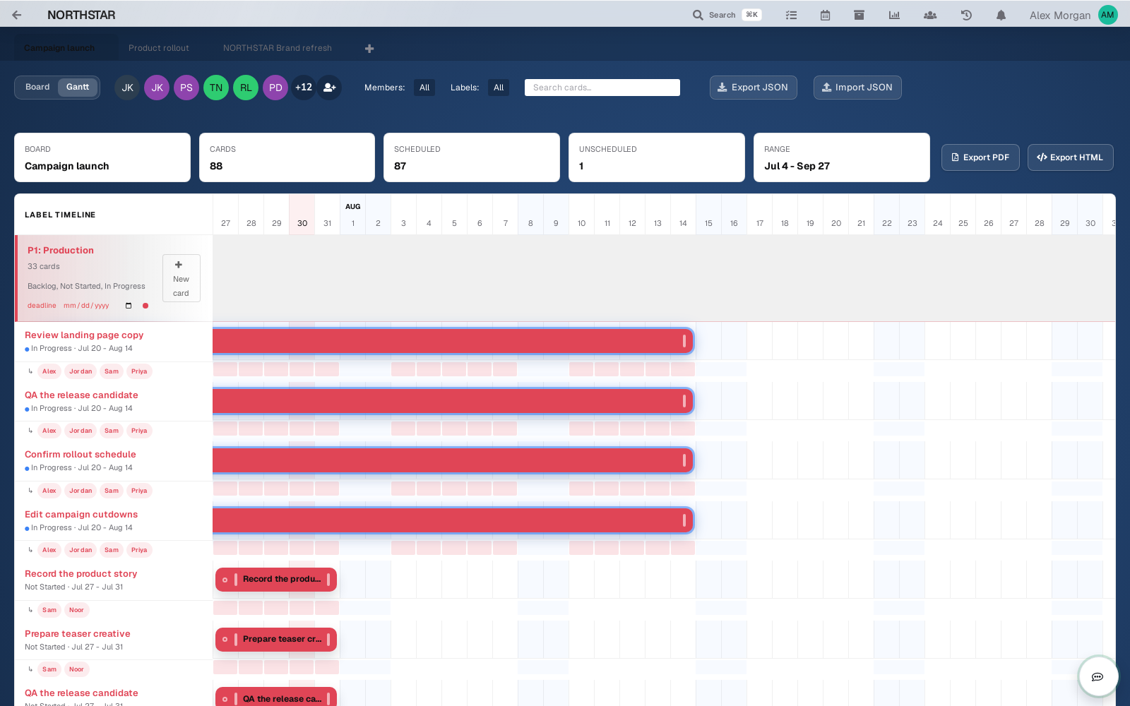 A real PMAPP Gantt timeline showing scheduled tasks, owners, and date ranges